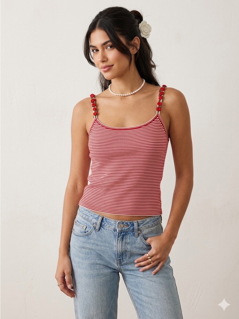 ETCETERA Red Stripe Knit Cami Top 3D Rose Strap M Coquette Y2K Cottagecore Tank